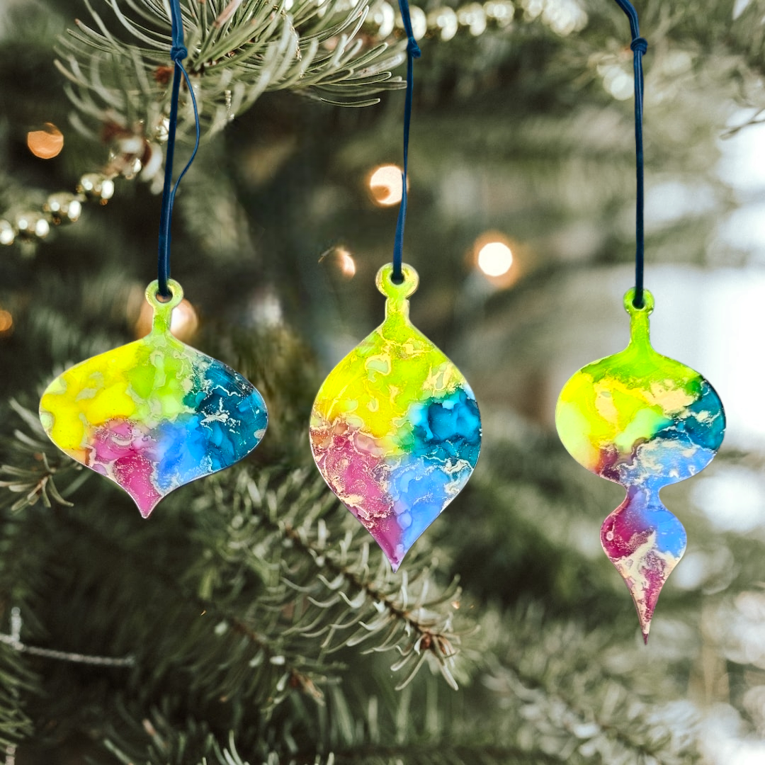 Handmade Alcohol Ink and Resin Christmas Baubles set of 3 - Festive Brights (Rainbow)