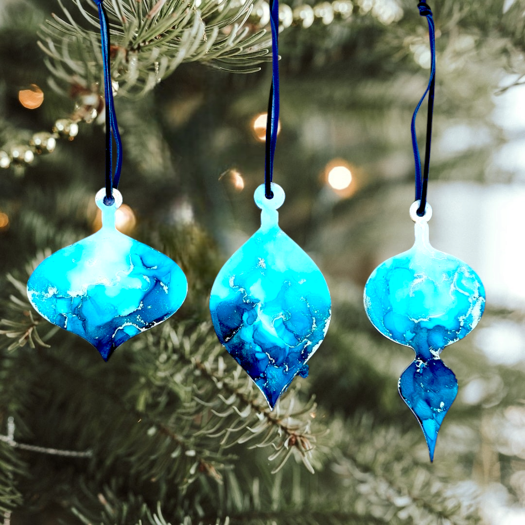 Handmade Alcohol Ink and Resin Christmas Baubles set of 3 - Icy Blues (Blue, White and Gold)