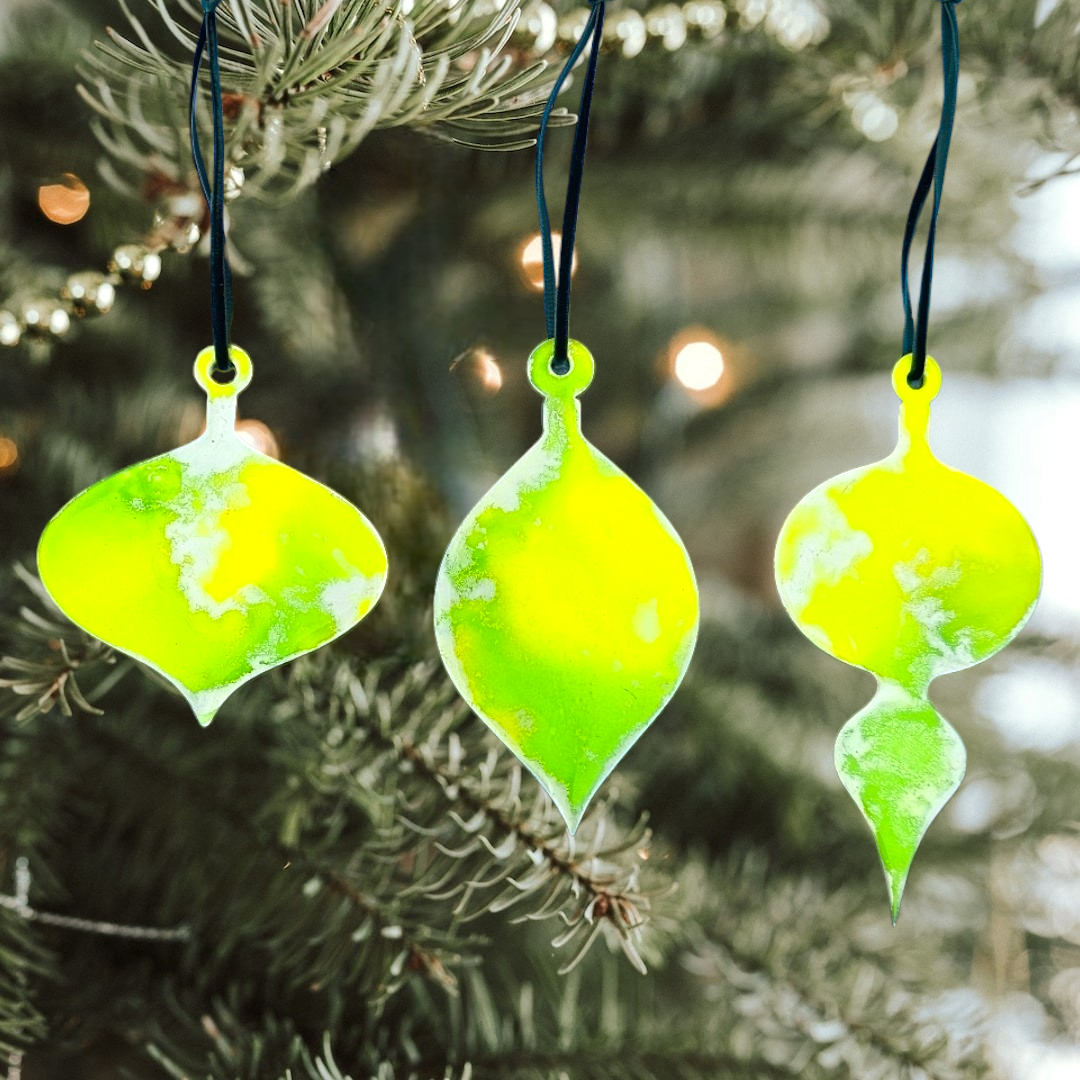 Handmade Alcohol Ink and Resin Christmas Baubles set of 3 - Buddy The Elf (Lime Green, Yellow and Gold)