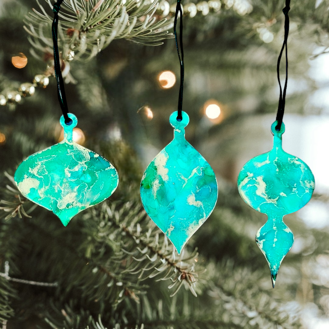 Handmade Alcohol Ink and Resin Christmas Baubles set of 3 - Mint Matchmakers (Mint Green and Gold)