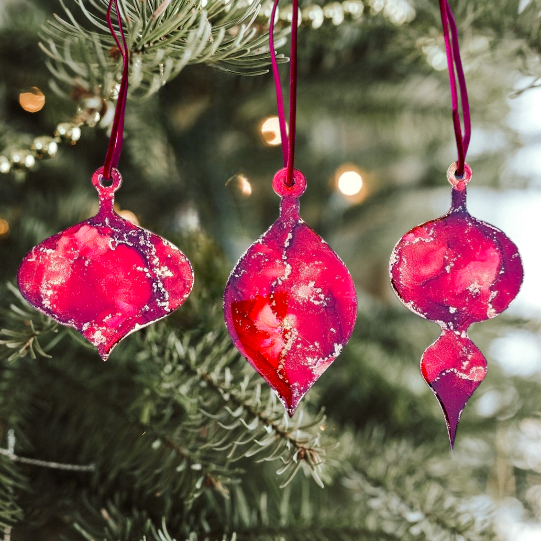 Handmade Alcohol Ink and Resin Christmas Baubles set of 3 - Rudolph's Nose (Dark Red & Gold)