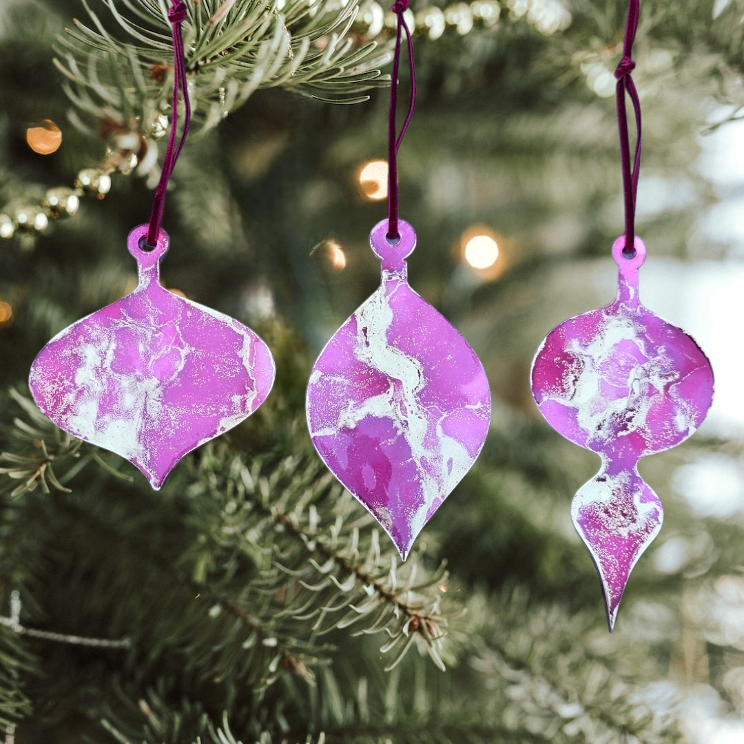 Handmade Alcohol Ink and Resin Christmas Baubles set of 3 - Sweetntreats (Dusky Pink, Red and Gold)