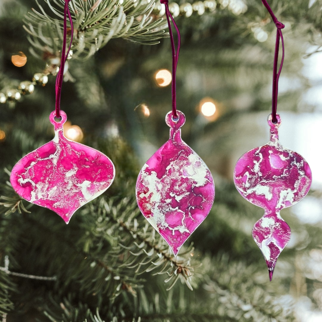 Handmade Alcohol Ink and Resin Christmas Baubles set of 3 - Mrs Claus (Burgundy Red, Pink and Gold)