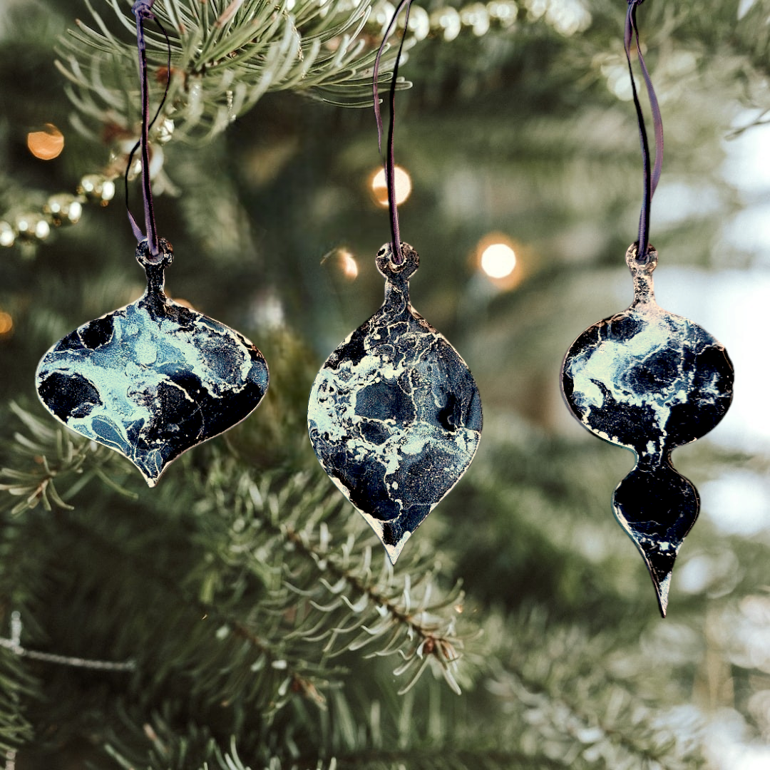 Handmade Alcohol Ink and Resin Christmas Baubles set of 3 - Two Turtle Doves (Black and Silver)