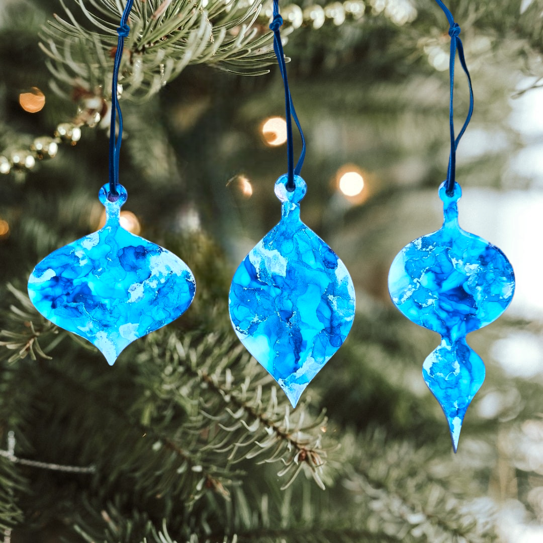 Handmade Alcohol Ink and Resin Christmas Baubles set of 3 - North Pole (Blue and Silver)