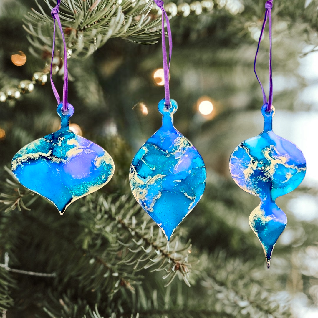 Handmade Alcohol Ink and Resin Christmas Baubles set of 3 - Snow Cosy (Blue, Turquoise, Purple and Gold)