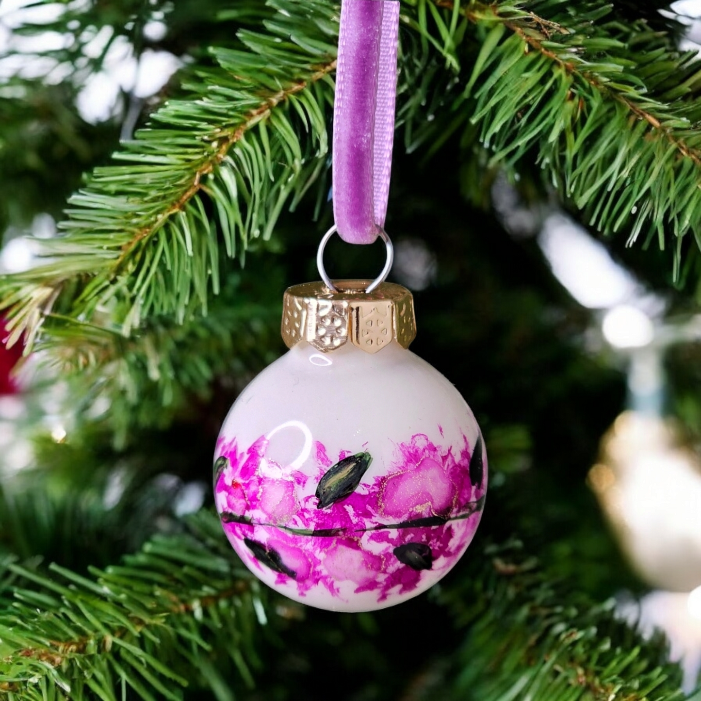 Set of 6 Hand-Painted Alcohol Ink Glass Baubles - Flower and Vine