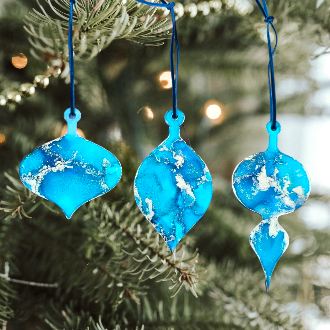 Handmade Alcohol Ink and Resin Christmas Baubles set of 3 - The Polar Express (Blues and Gold)