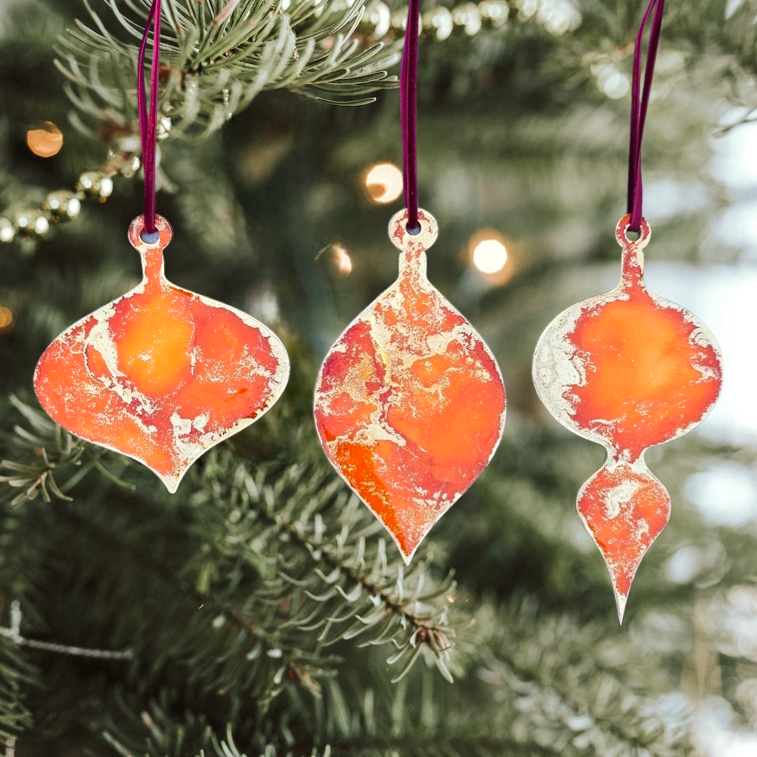 Handmade Alcohol Ink and Resin Christmas Baubles set of 3 - Terry's Chocolate Orange (Orange and Gold)